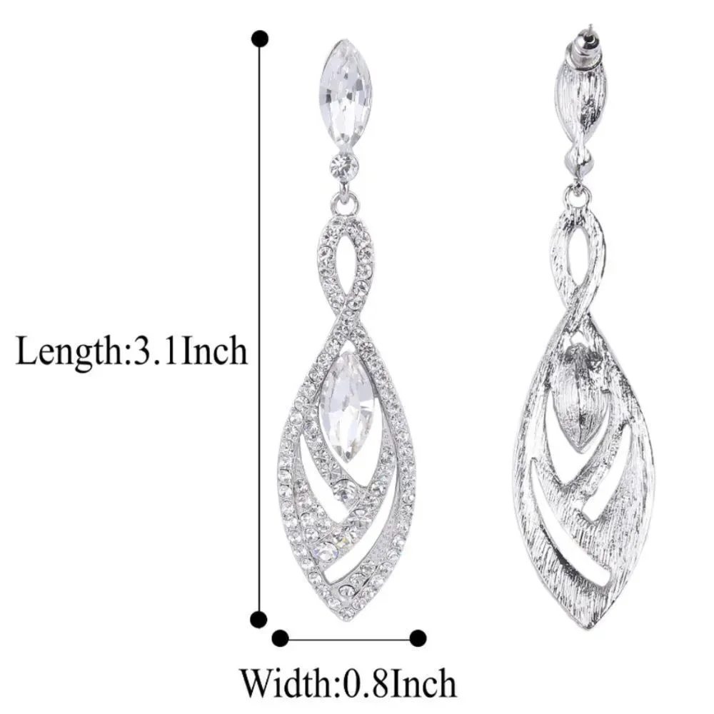 Silver with White Diamond Austrian Crystal Twisted Chandelier Post Back Earrings